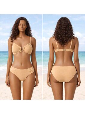 🆕Small Apricot Ring Linked Ruched Adjustable Strap High Cut Bikini Set NWOT